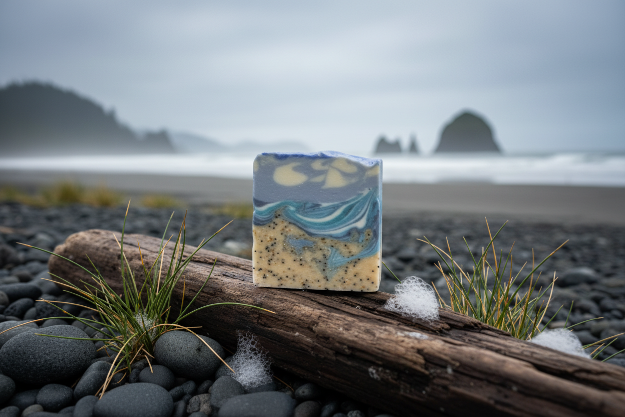 Rialto Beach bar soap in dramatic coastal setting